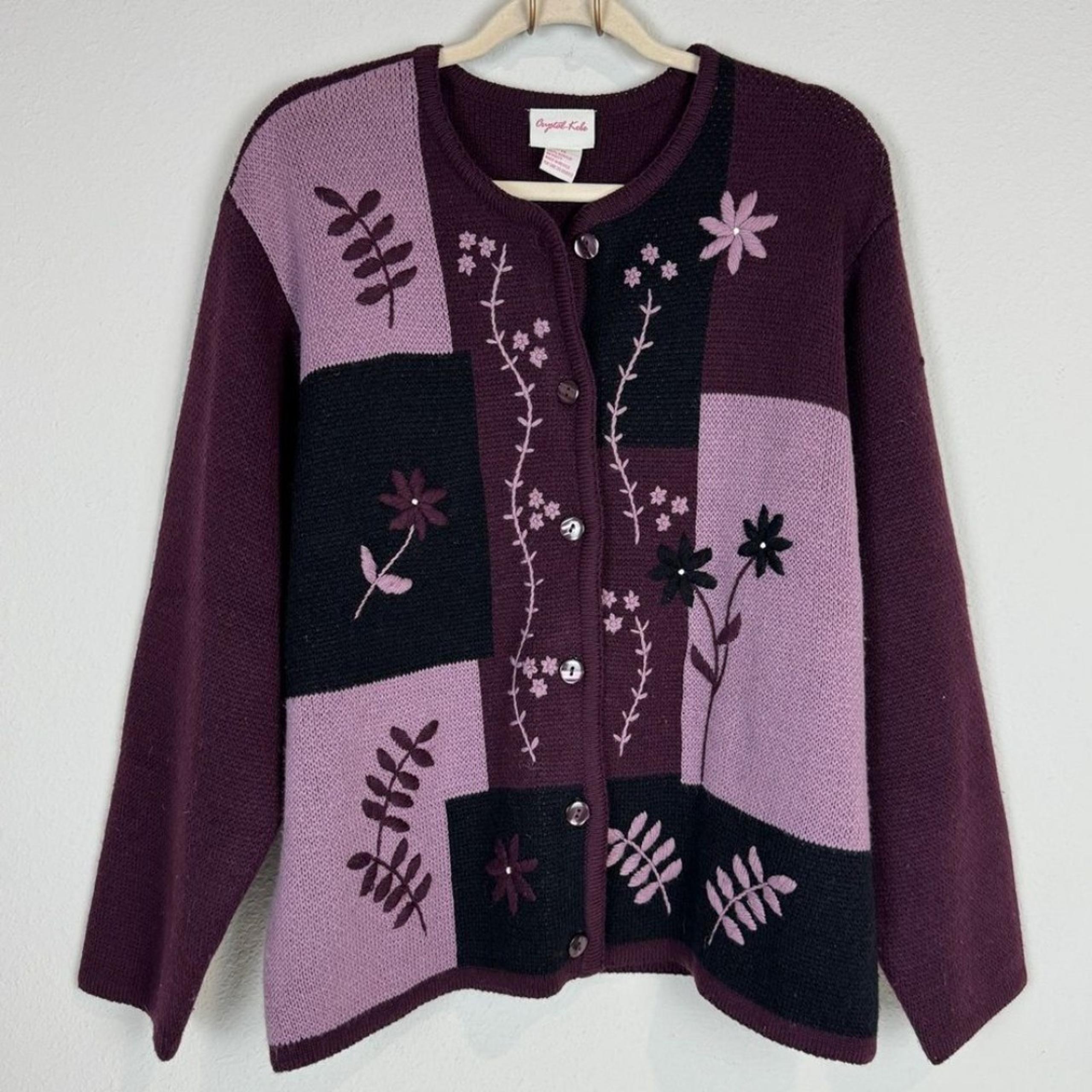 VTG Crystal Kobe Plum Embroidered Cardigan Sweater 1X