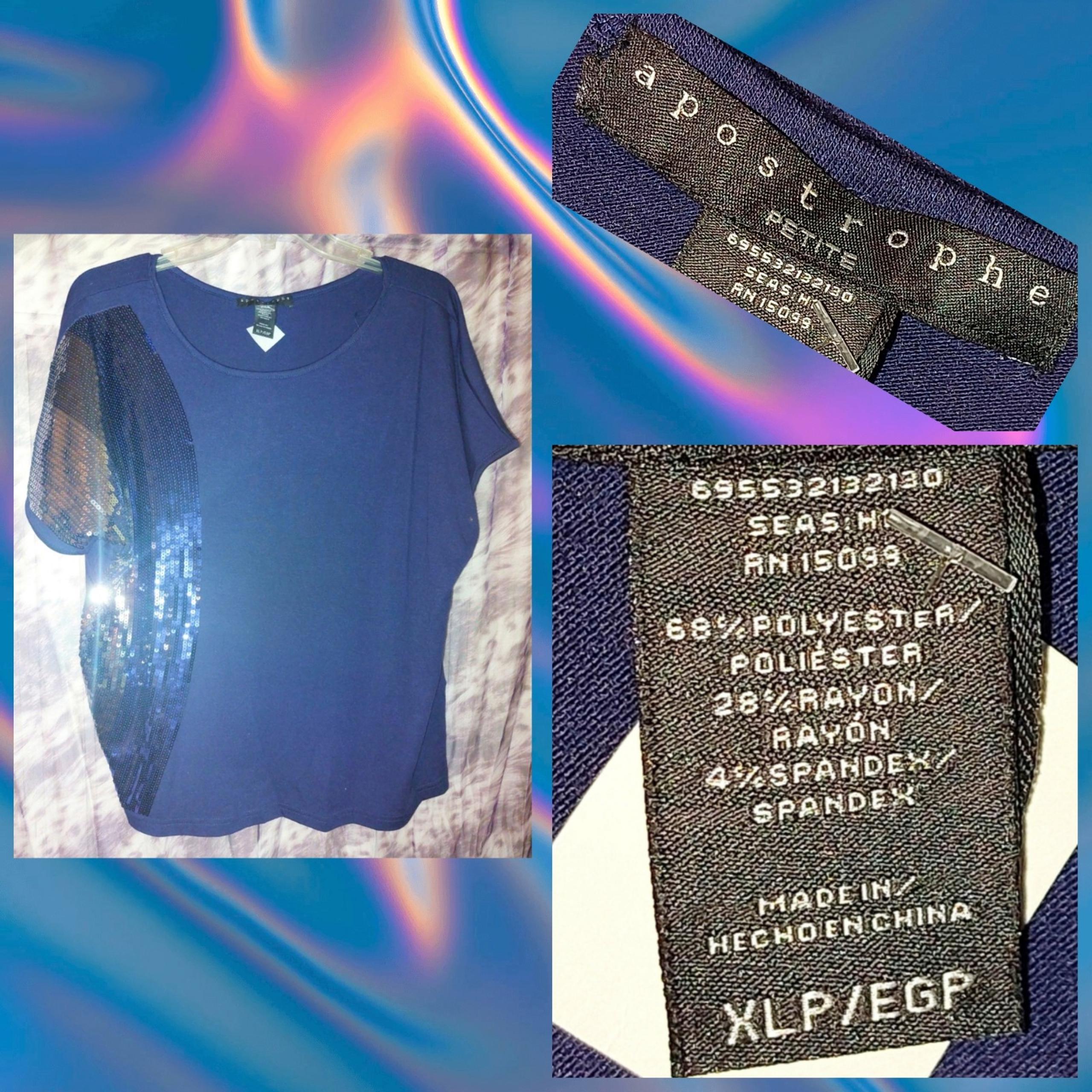 Apostrophe Petite Navy w/Multicolor Striped Sequin Design Knit Top Sz XLP(14/16)