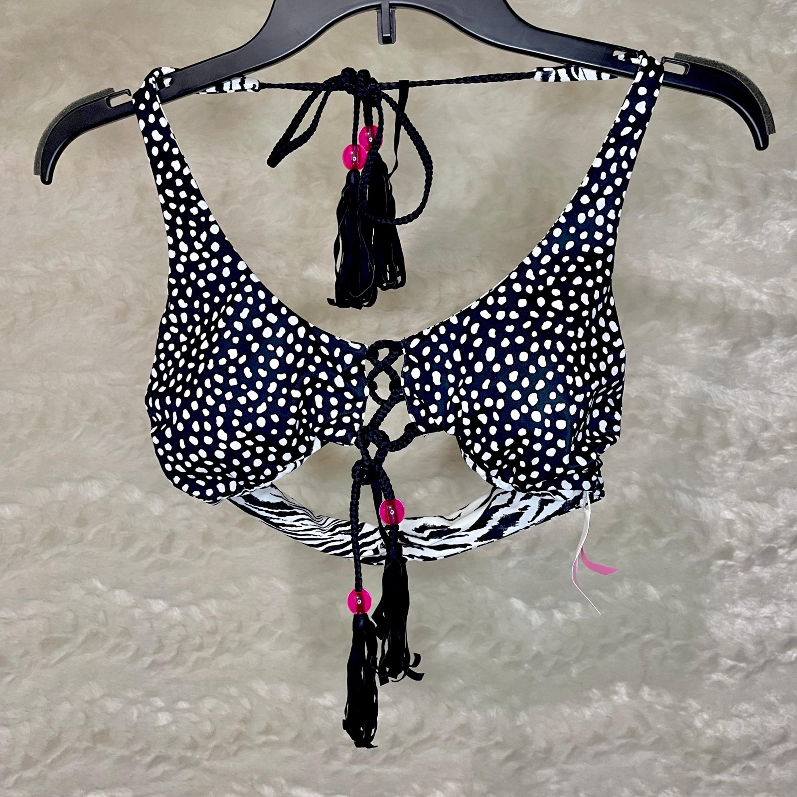 Victoria’s Secret SWIM S Black White Polka Dot Zebra Stripes Halter Bikini Top