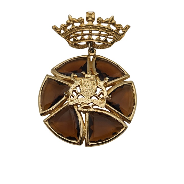 Vtg Gold-Tone Crown Brooch Bretagne Coat of Arms Brittany Amber Glass France