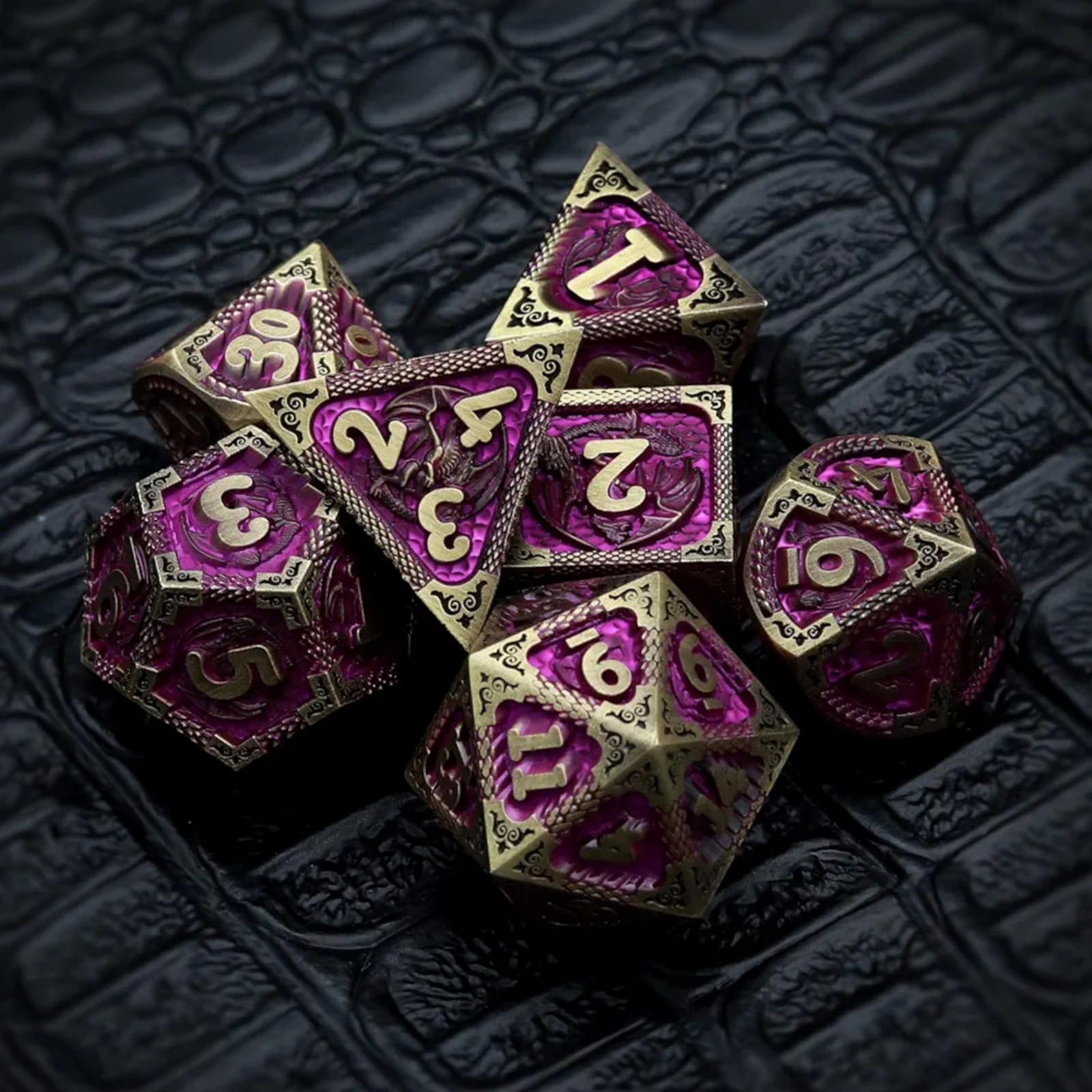 Purple Dragon Heavy Metal Dice Set DND, Leather Bag MTG RPG Dungeons Dragons