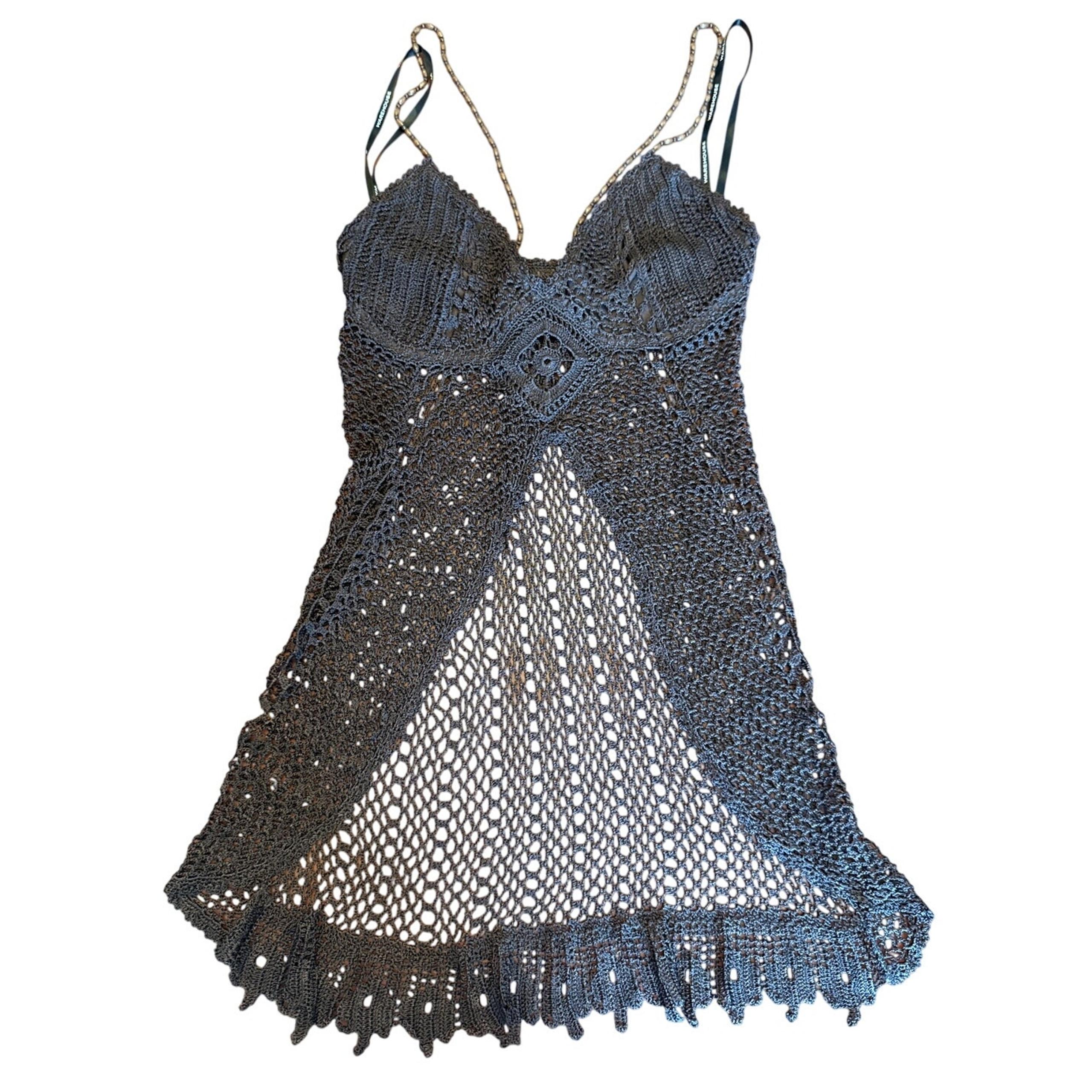Warehouse Boho Crochet Open Front Top Brown With Beaded Straps