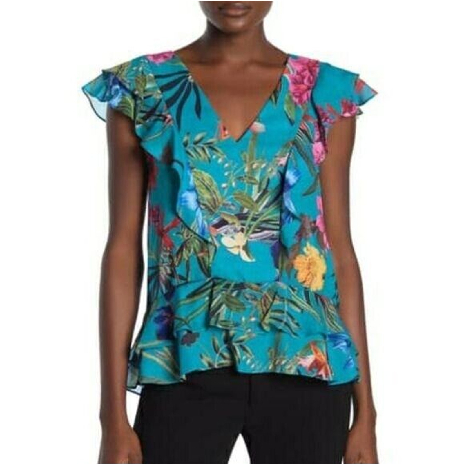 Parker Tropical Floral Ruffle V-neck Short Sleeve Blouse NEW Women's Large