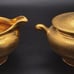 Vintage Wheeling Decorating Gold Creamer, Sugar, Trinket Dishes, Salts & Peppers