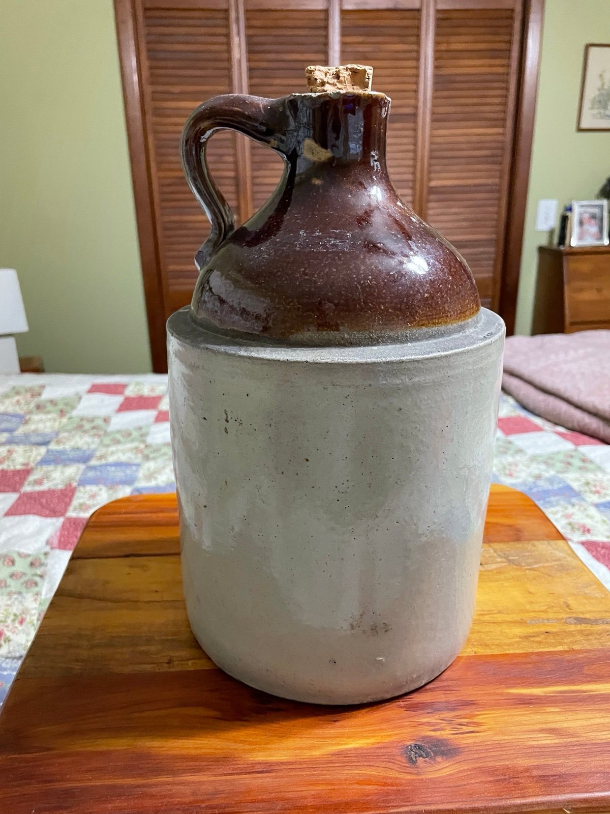 Antique Whiskey Jug 1 Gallon Moonshine Crock Jug Glazed Two Tone Brown Beige