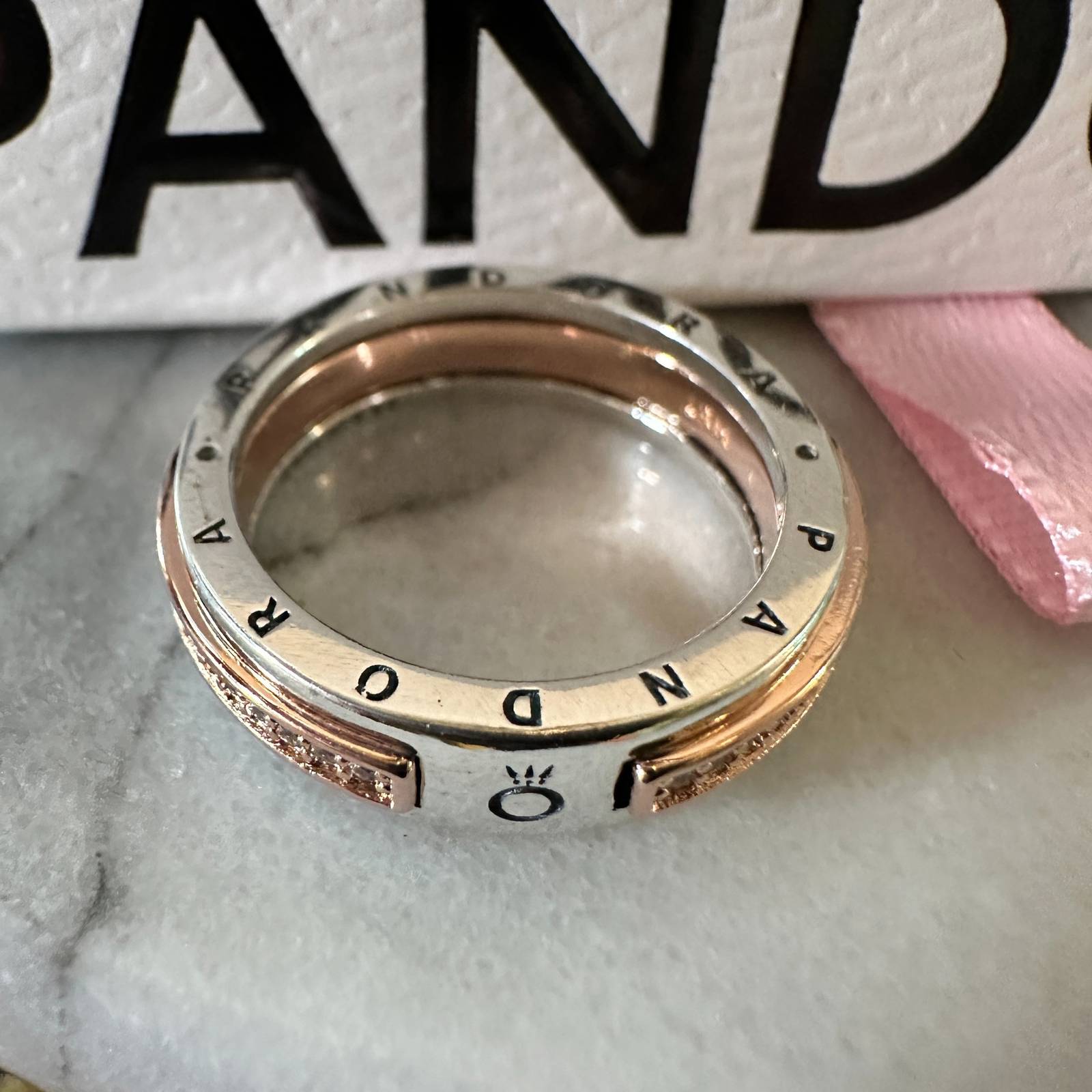 Genuine Pandora Rose Gold Signature Two-Tone Logo Pave Ring 182773C 56 (8)