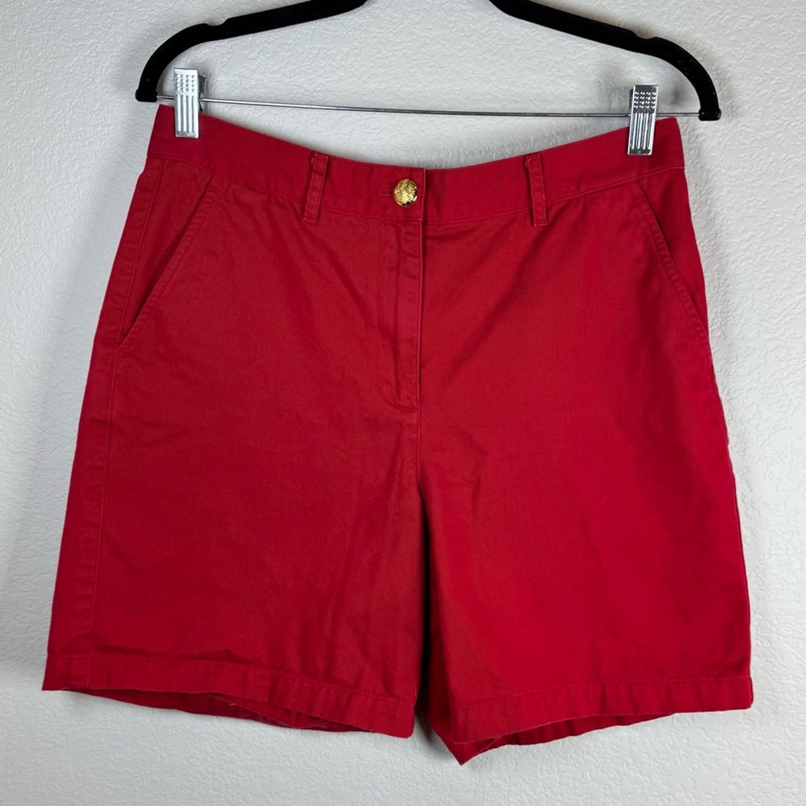 Lauren Ralph Lauren Red Long Shorts Gold Button 100% Cotton Size 8