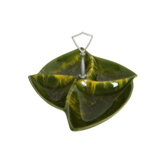 Vtg MCM California pottery green & yellow fire glaze divided candy nut dish