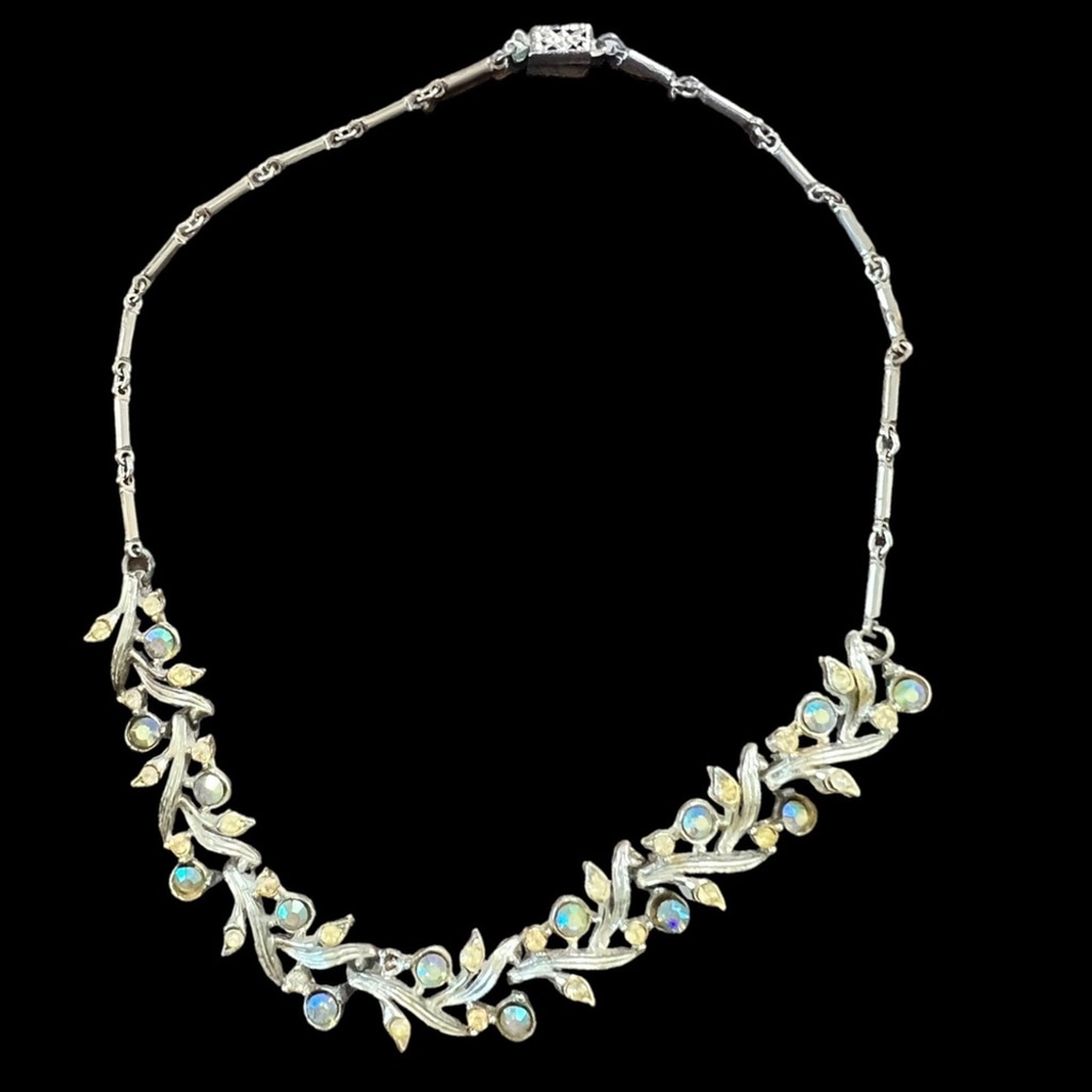 Vintage Silvertone Necklace with Intricate Detail and Aqua & Crystal Stones RARE