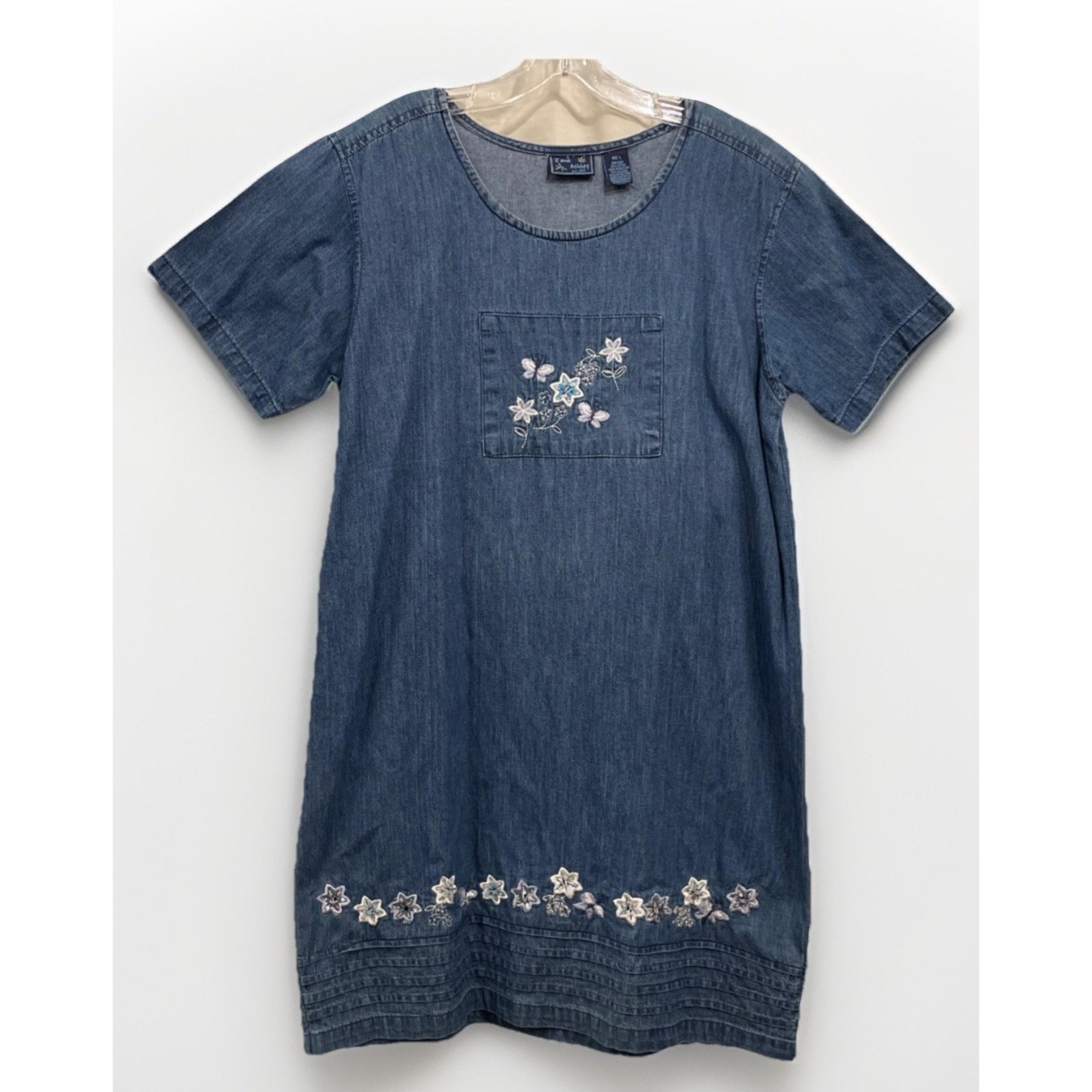 Jane Ashley Vintage 1990's Denim Embroidered Knee Length Short Sleeve Dress L