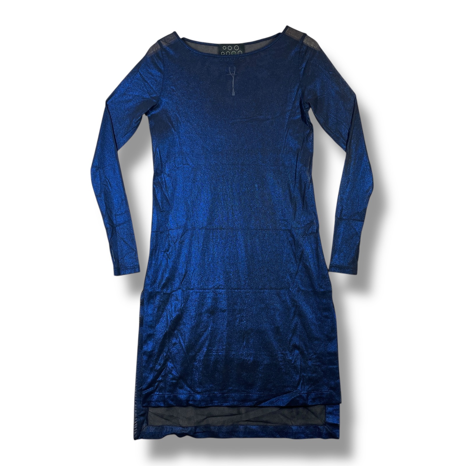 NY 77 Sheer Metallic Midi Dress Womens 0 XS Long Sleeve Party Cocktail Blue