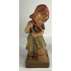 vintage hand carved lady sweeping wood figures made in Italy