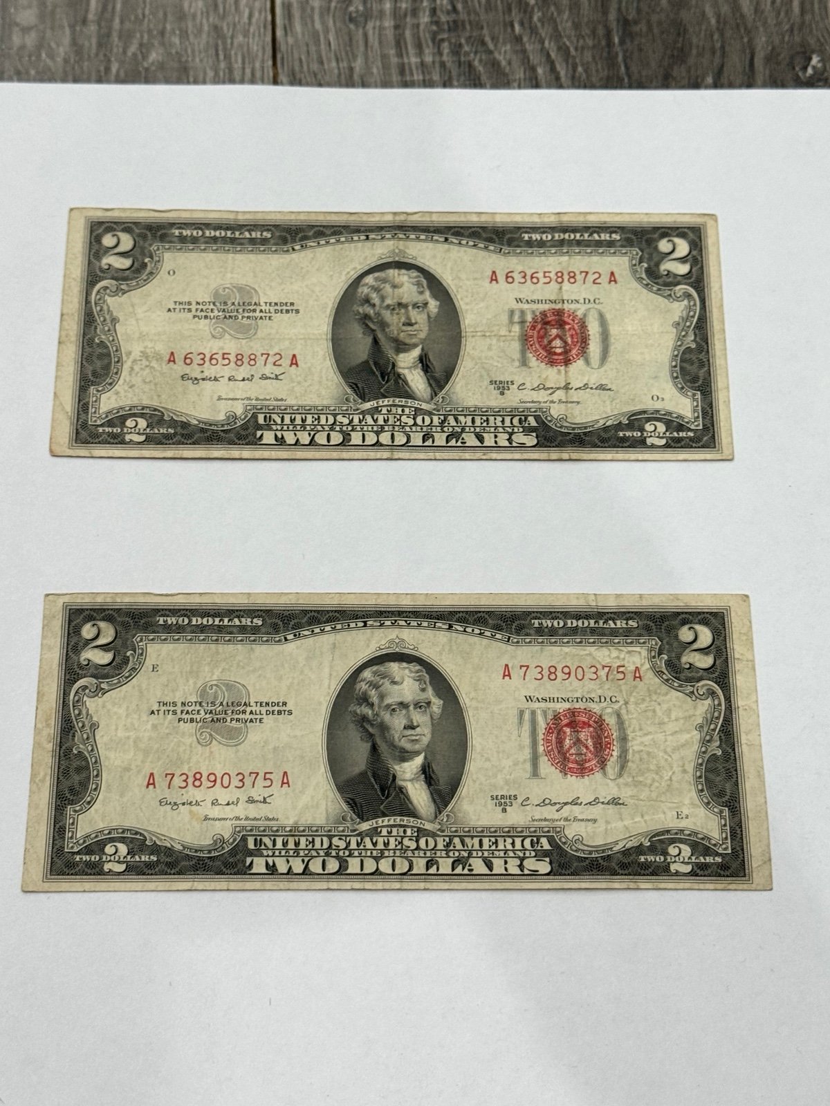 (2) 1953 B two dollar bills Rare