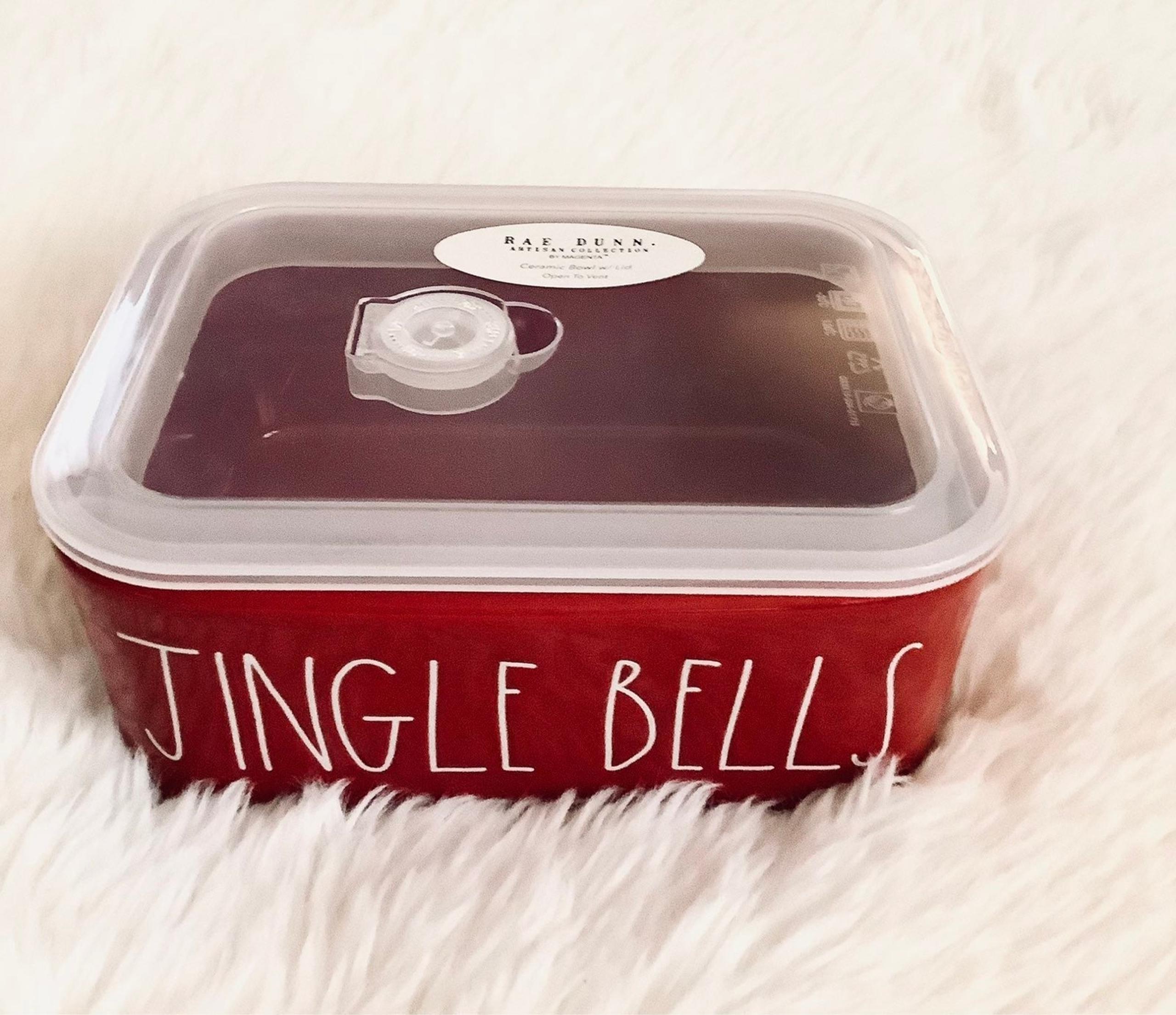 Rae Dunn NEW 2021 Red JINGLE BELLS Ceramic Rectangular Food Container