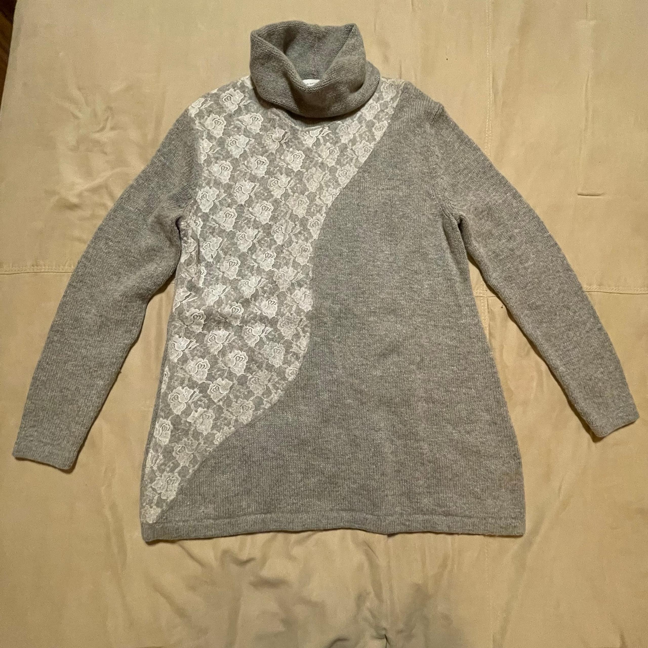 Soft Surroundings Women's XL Tunic Sweater Gray Floral Lace Trim Wool Blend