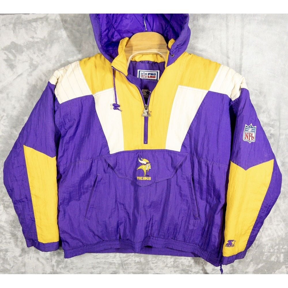 Vintage 90s Minnesota Vikings Starter Qtr Zip Hooded Puffer Jacket Mens Large