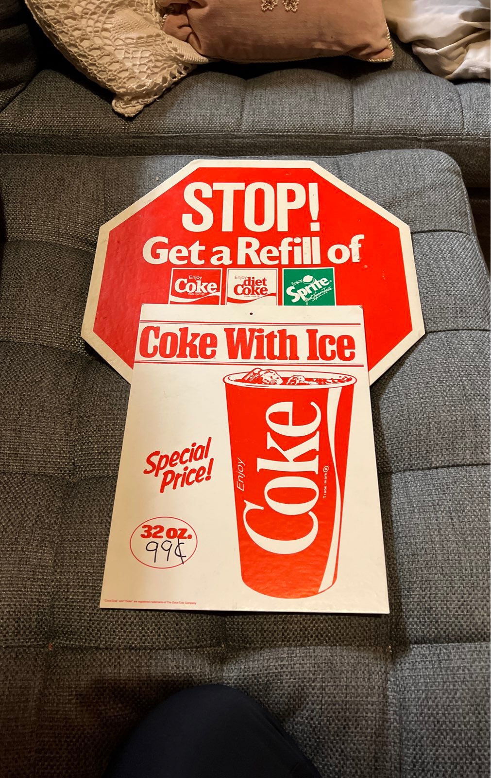 Coke with Ice Stop Get a Refill Coca-Cola Cardboard Ad Signs