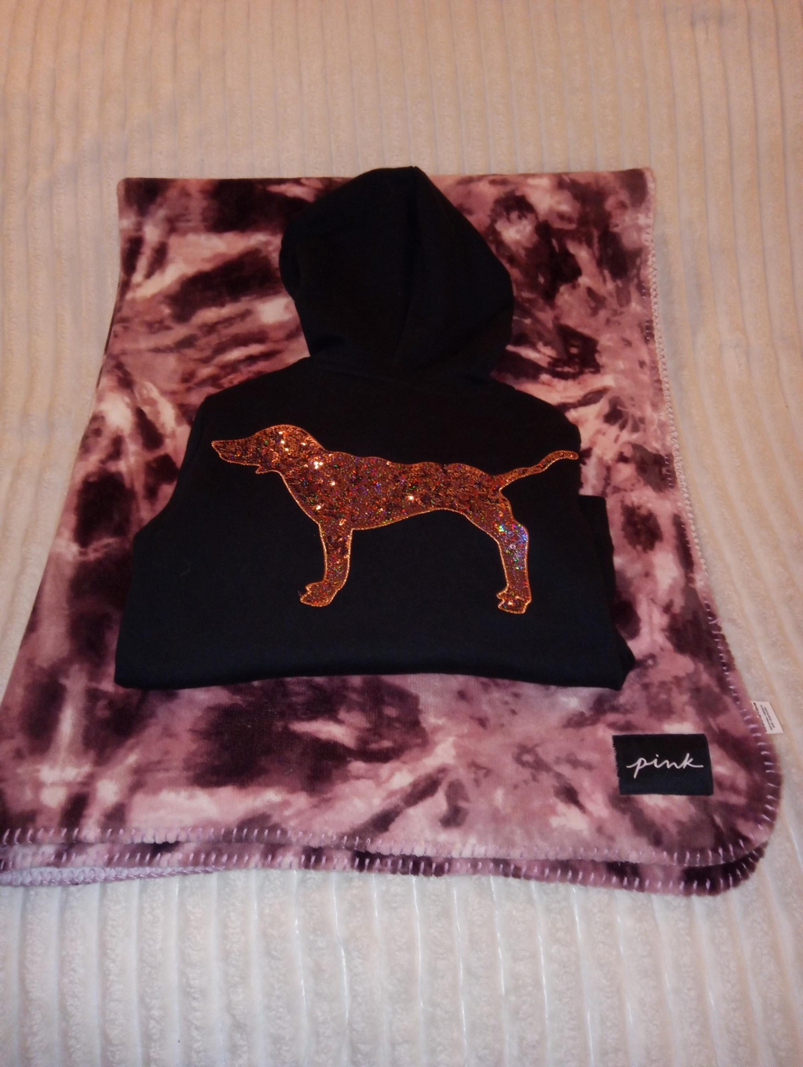 Victoria's Secret PINK Rose Gold Bling Pup Dog Hoodie Size XS Blanket Bundle
