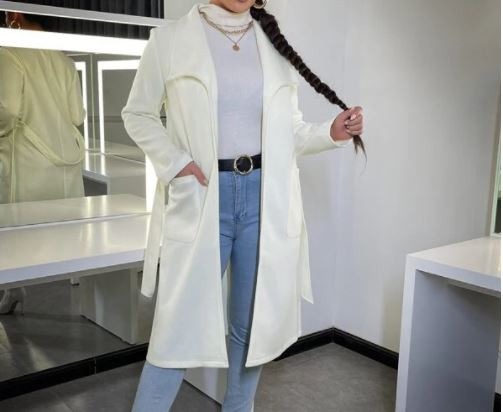 Winter Casual Dual Pocket Waterfall Collar Belted Plain Overcoat L5