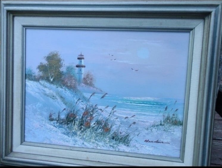 Vintage seascape painting, matted, framed, and signed Henderson.