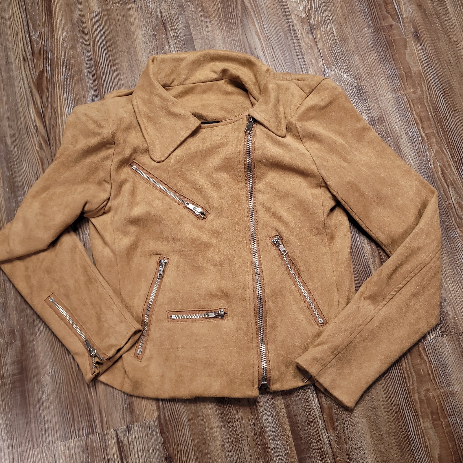 VICI Market Jacket Sand Slim Fit Multi-Zipper Faux Suede Stretch Jacket Small