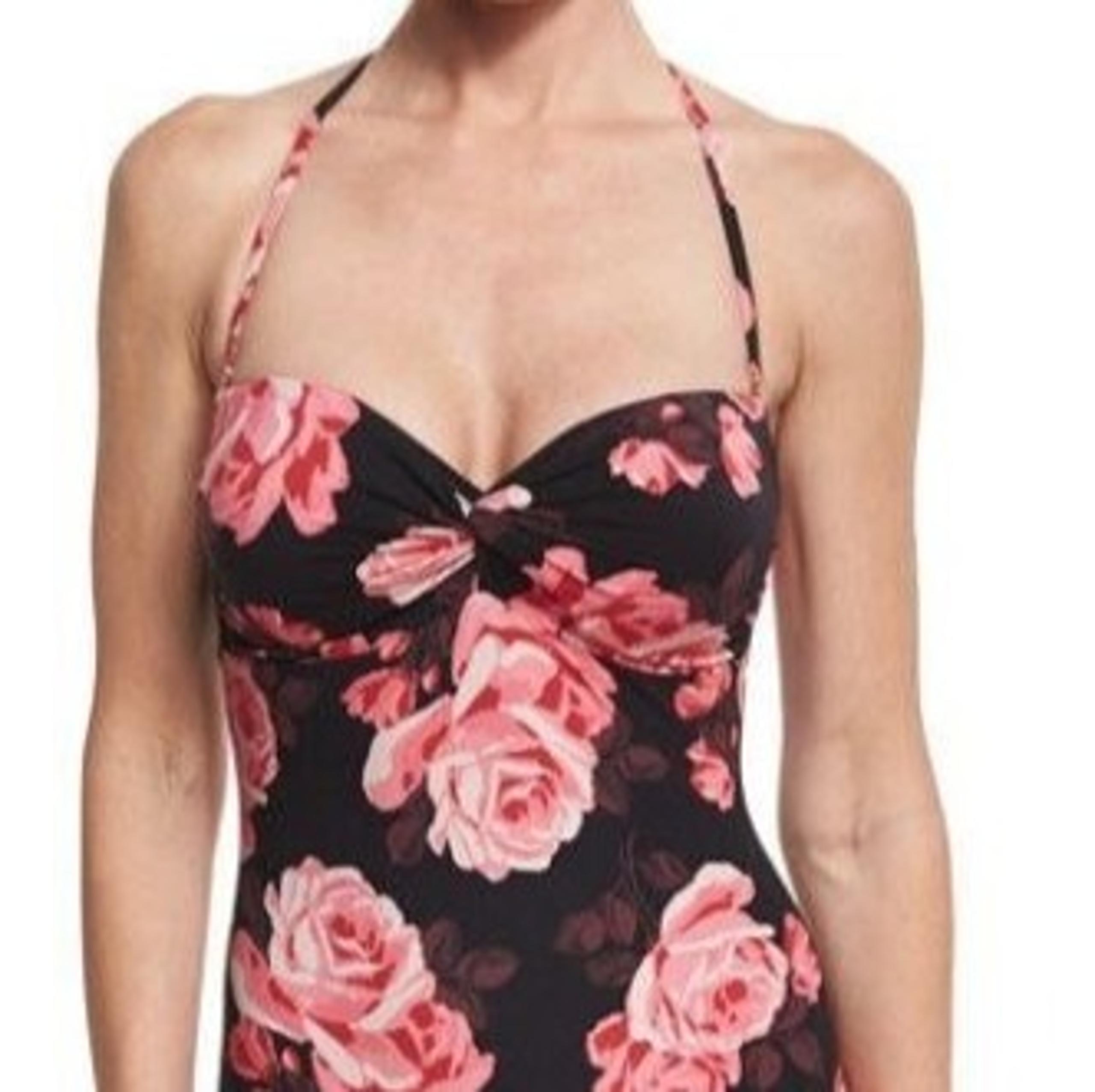 KATE SPADE ROSE PRINT 1 PC BANDEAU SWIMSUIT BLACK PINK SIZE M $142 *NWT*!