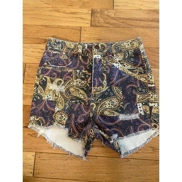 We The Free Women's Paisley Print Distressed Denim High-Waisted Shorts Size 26