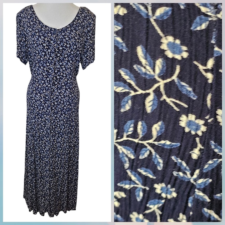 Womens Floral Shirt Dress Long Maxi Navy Blue Crinkle Rayon Sz 10 Cottagecore