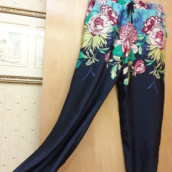 Natori Blue Floral Silky Drawstring Boho Pajamas Pants M