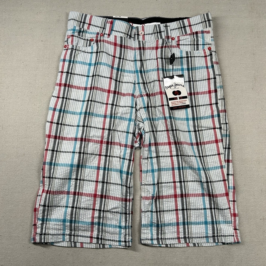 Pepe Jeans London Shorts Mens 34 Seersucker Plaid Hip Hop Street Long Baggy Y2K