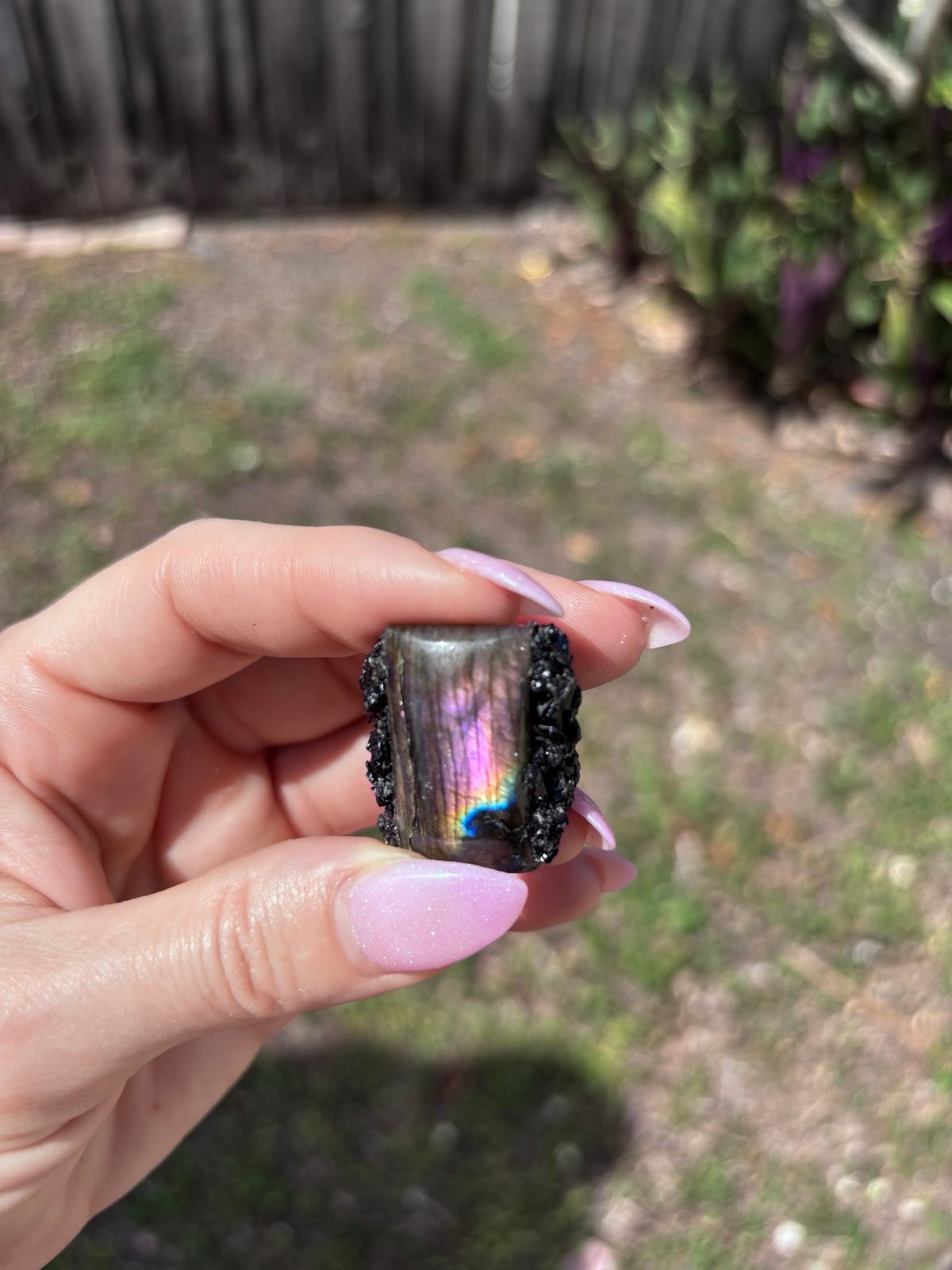 rainbow pink purple labradorite and black tourmaline ring