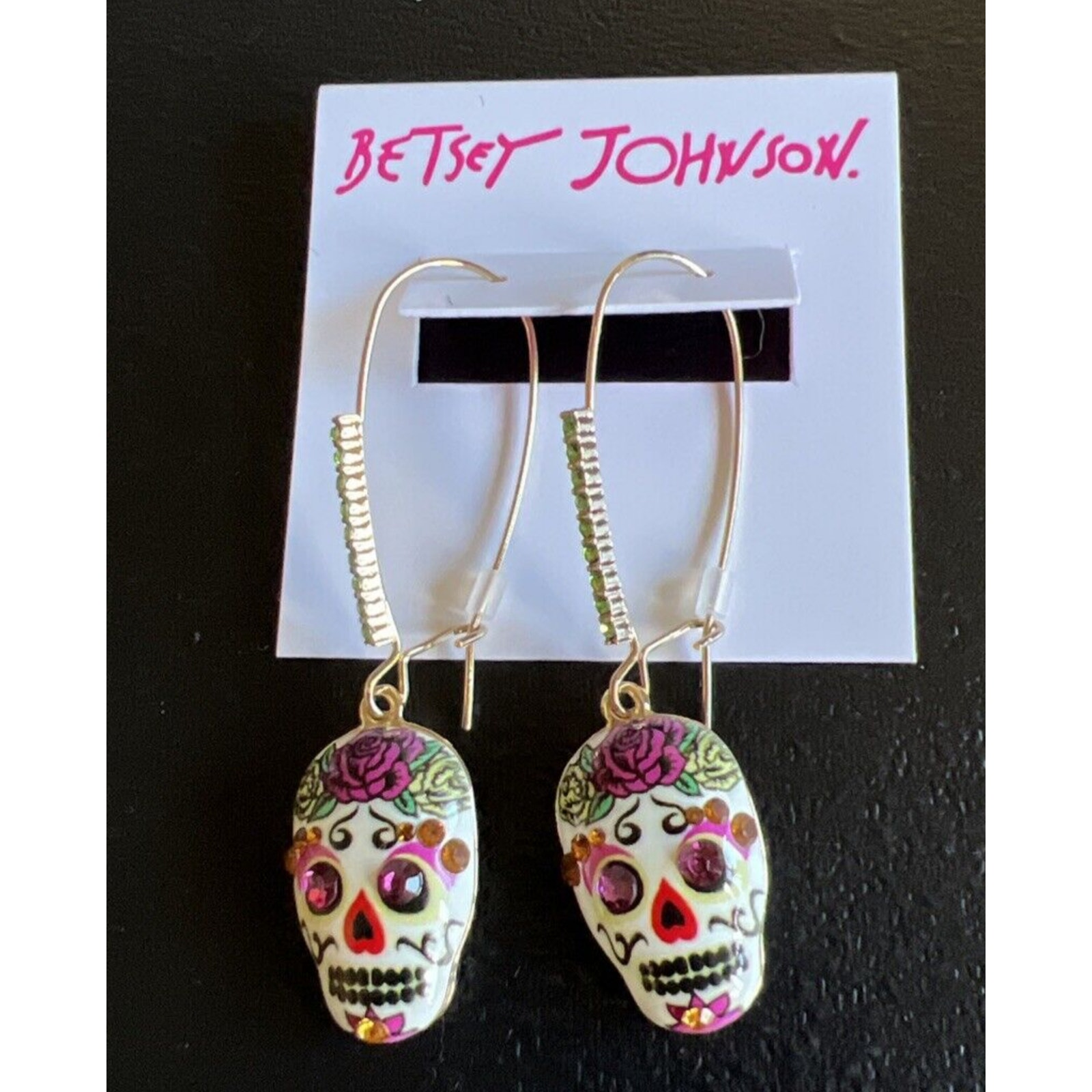 Betsey Johnson Earrings Sugar Skull Floral Pink Shepard Hook Dangle Halloween