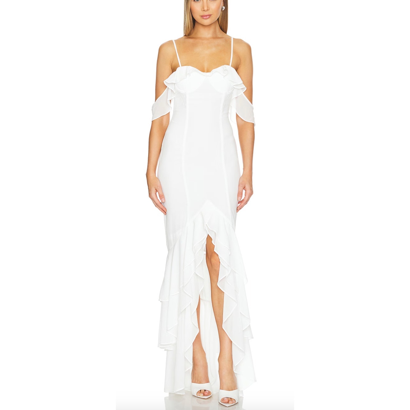 Revolve White Chiffon Ruffle Maxi Slip Dress MEDIUM Bridal More to Come 94 NEW