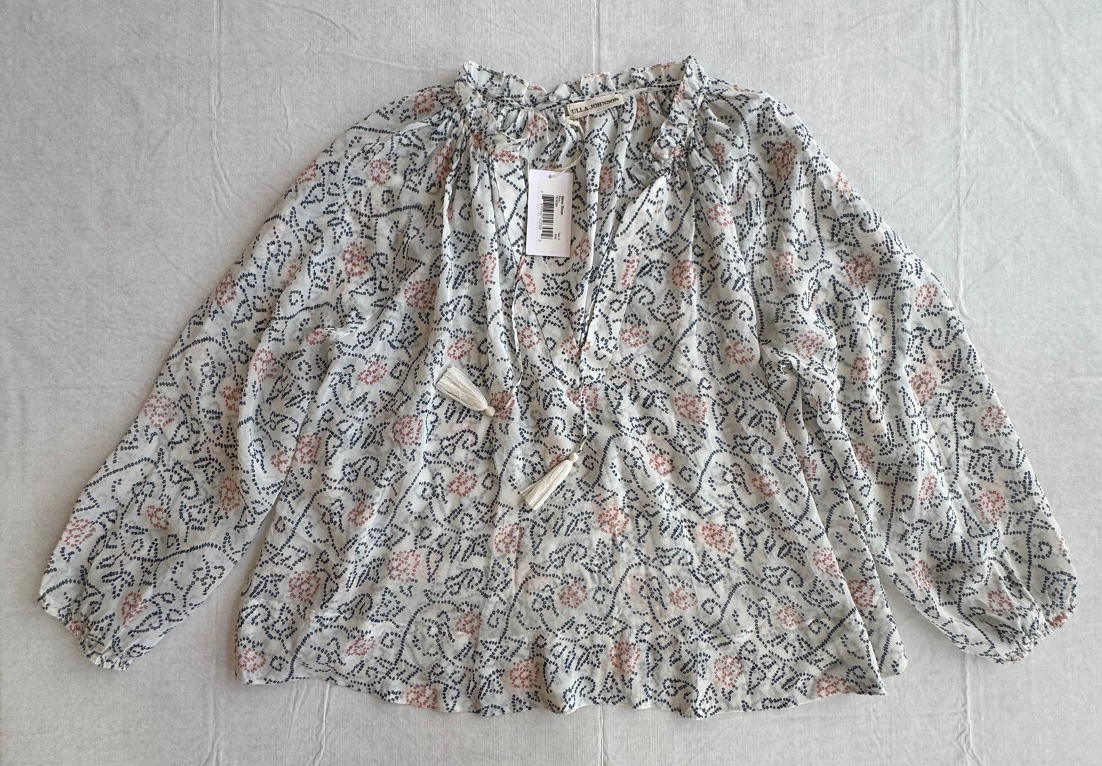 Ulla Johnson Miren Silk Printed Blouse. 3/4 Sleeve. Size 4. Tassel Accent. NWT