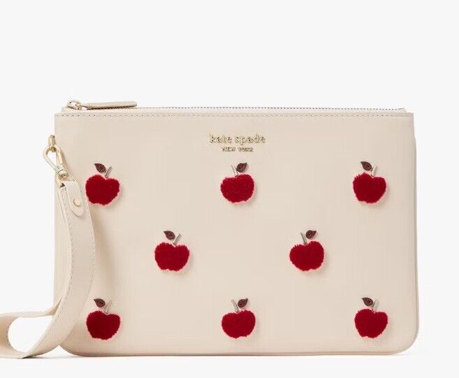 Kate Spade Buddy APPLE TOSS Flocked Wristlet Pouch Clutch Bag Leather NWT