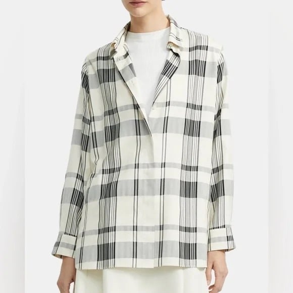 365 Theory Fluid Plaid Button Down Shirt Top Blouse Ivory Black K0106526 M Silk