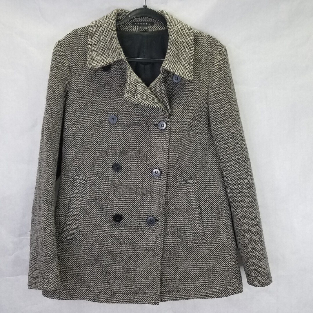 Theory Katarina Multi Tweed Coat Women's L Wool Brown Double Breasted Peacoat
