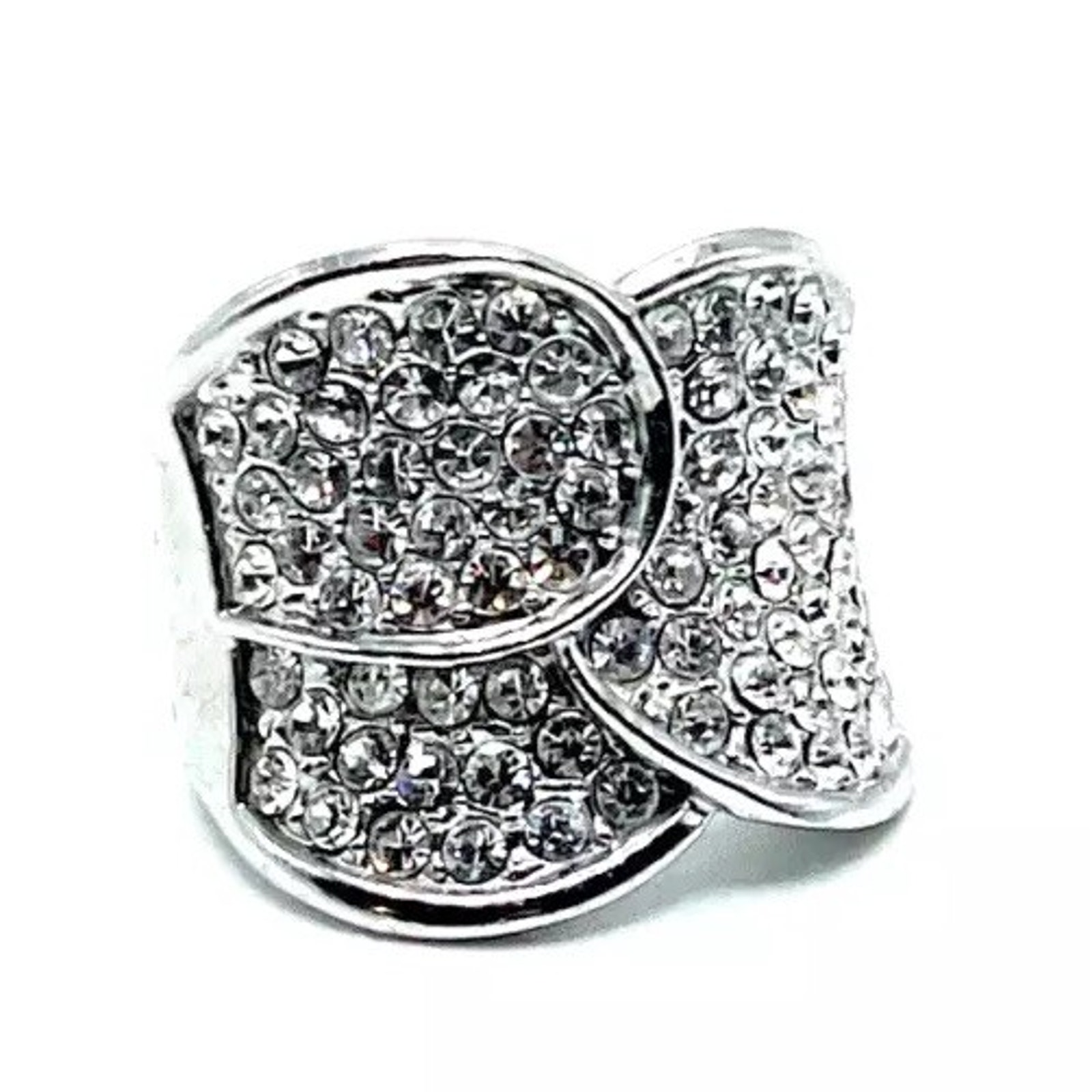Swarovski Elements Estate Silver Wide Crystal Bypass Cocktail Statement Ring