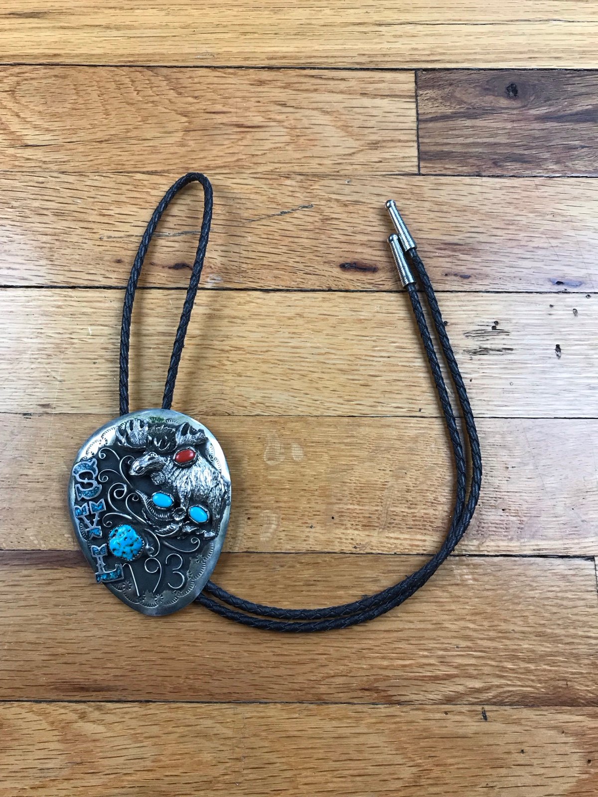 Vintage Bolo Tie Turquoise Red Coral Sterling Silver Engraved