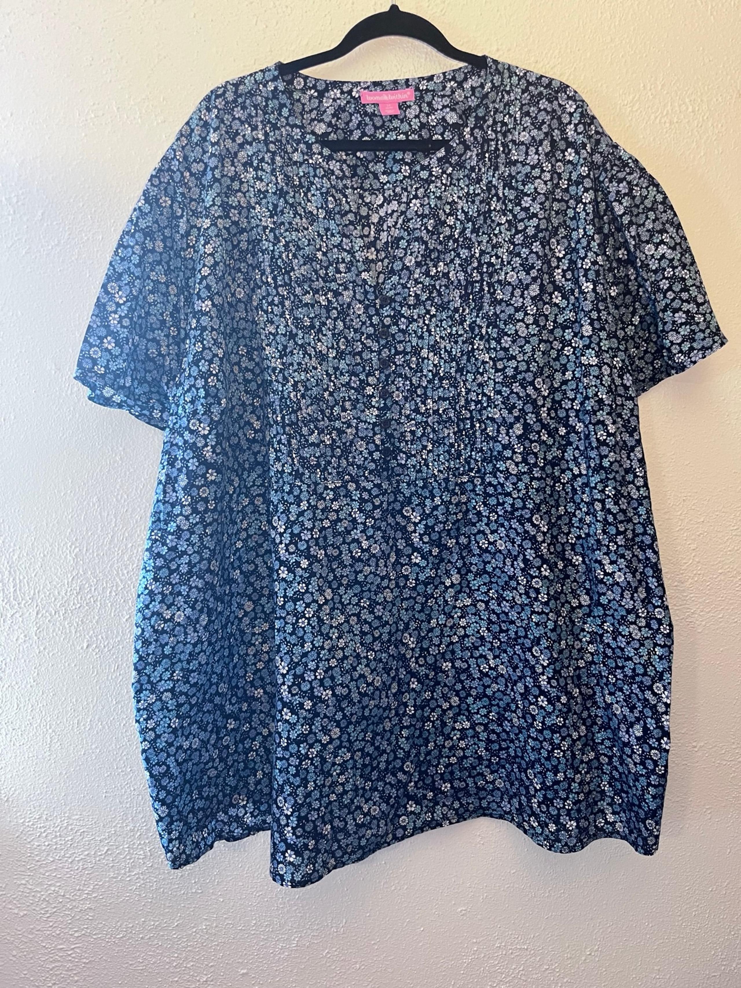 Woman Within Smocked Tunic Top Plus Size 5X Blue Floral Pin Tucket Bodice