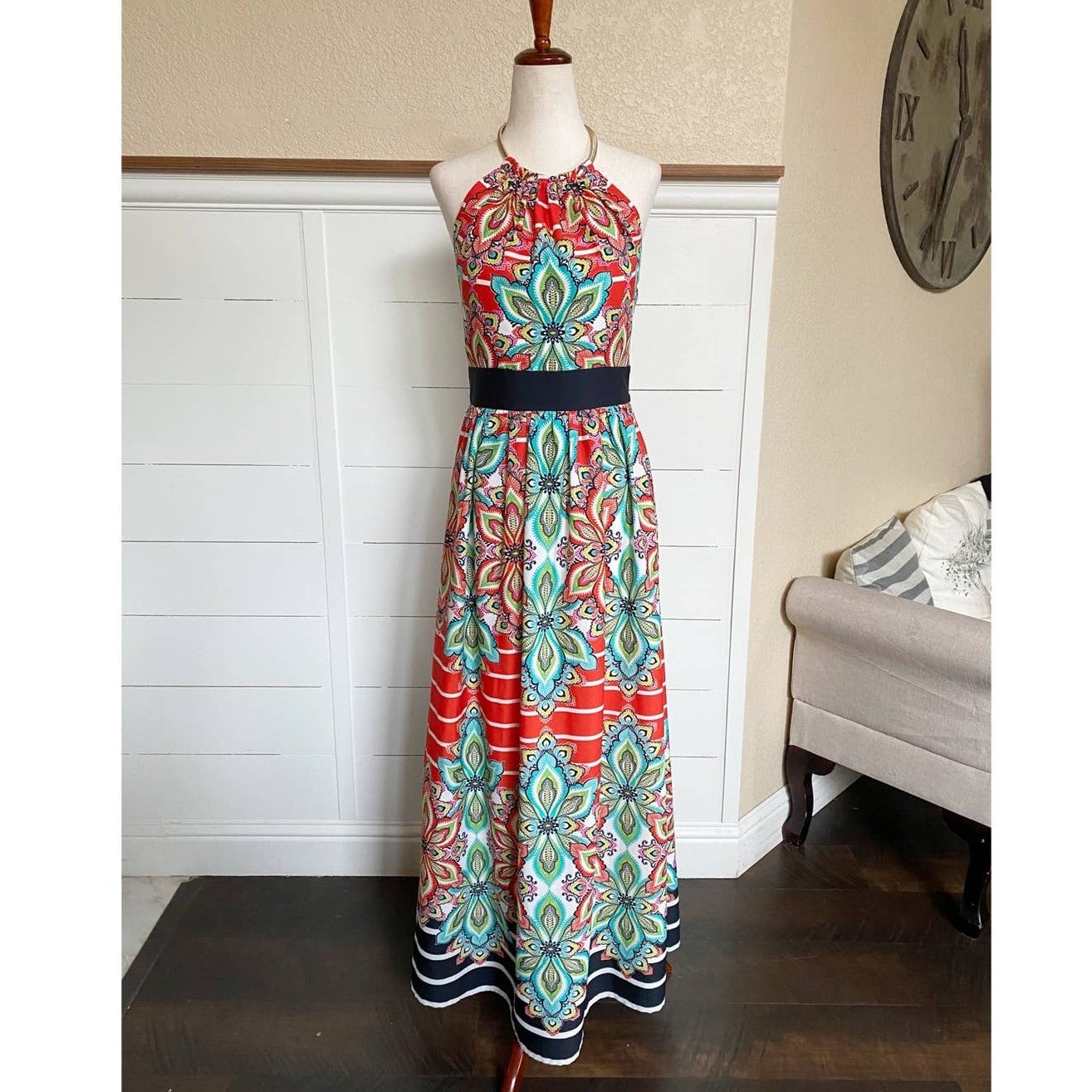 Eliza J Print Crêpe de Chine Halter Maxi Dress Navy Combo Paisley BNWT sz 4