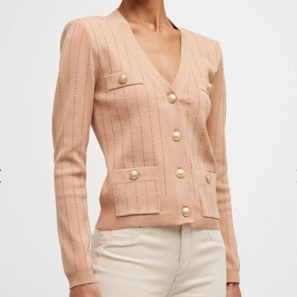 Calypso Fitted Button Front Long Sleeve Cardigan Pink Blush Tan Size Medium