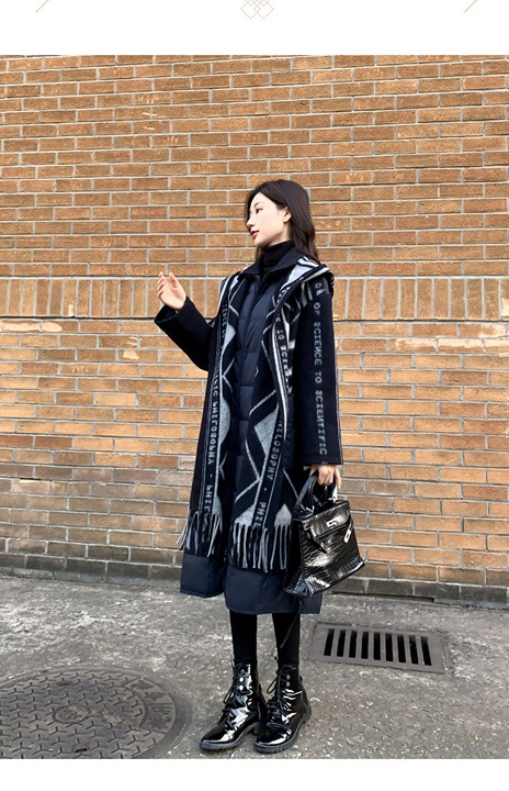 Long down jacket women's patchwork fringe over the knee coat