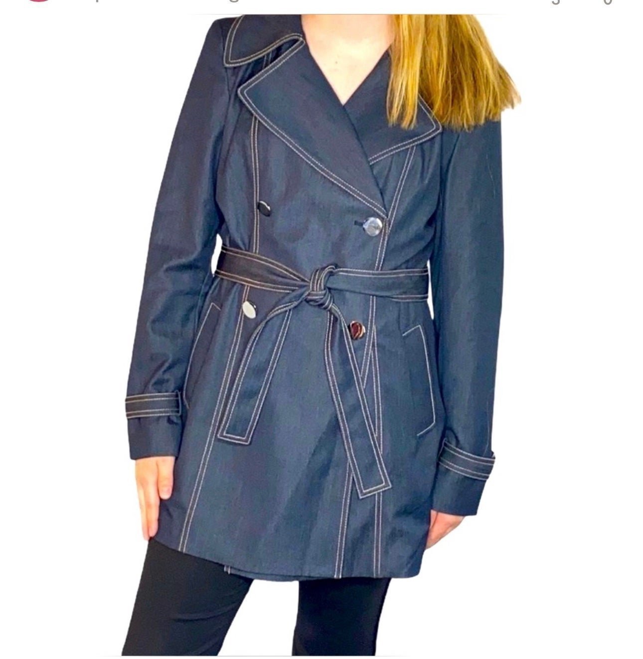 Tahari - Belted Double Brested Trench Coat Blue Denim XL Extra Large