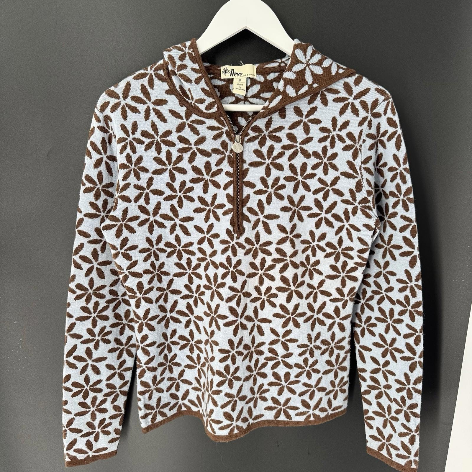Neve Designs Sweater Hooded Womens Medium Brown Blue 100% Wool Zip Floral
