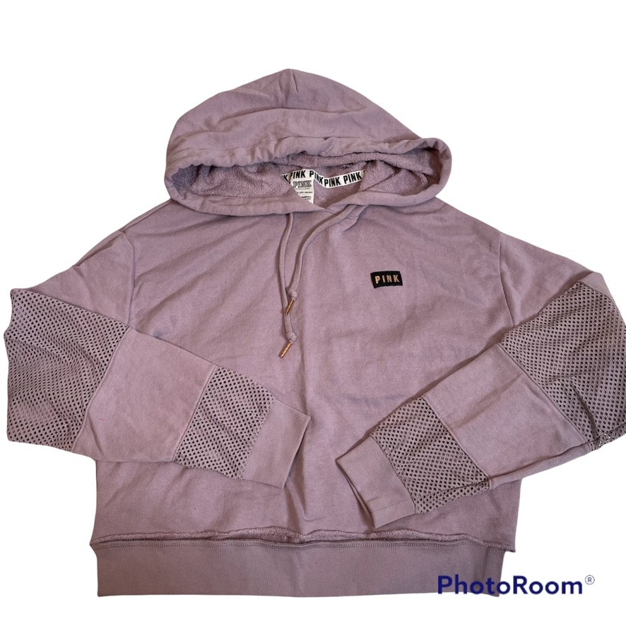 PINK VS Dusty Rose Mauve Mesh Panel Hooded Crop Sweatshirt Extra Small XS