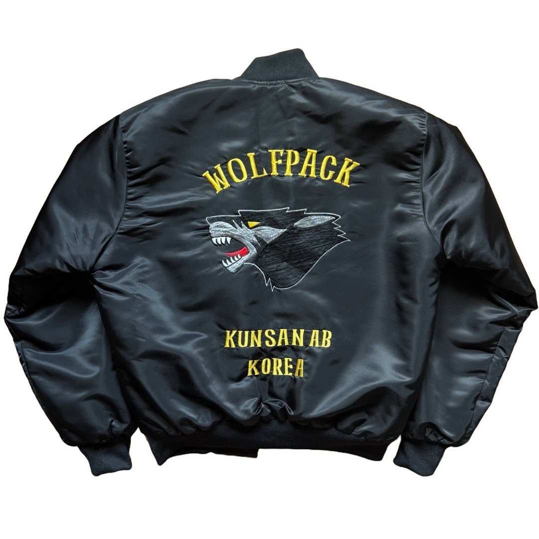 VTG Wolfpack Kunsan Air Base Korea Bomber Jacket Sz L Mens Black Rare Air Force