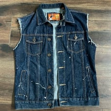 Rolling Paper NYC Size Large Men's Dk Denim Paint Splatter Vest Raw Hem Sleeves