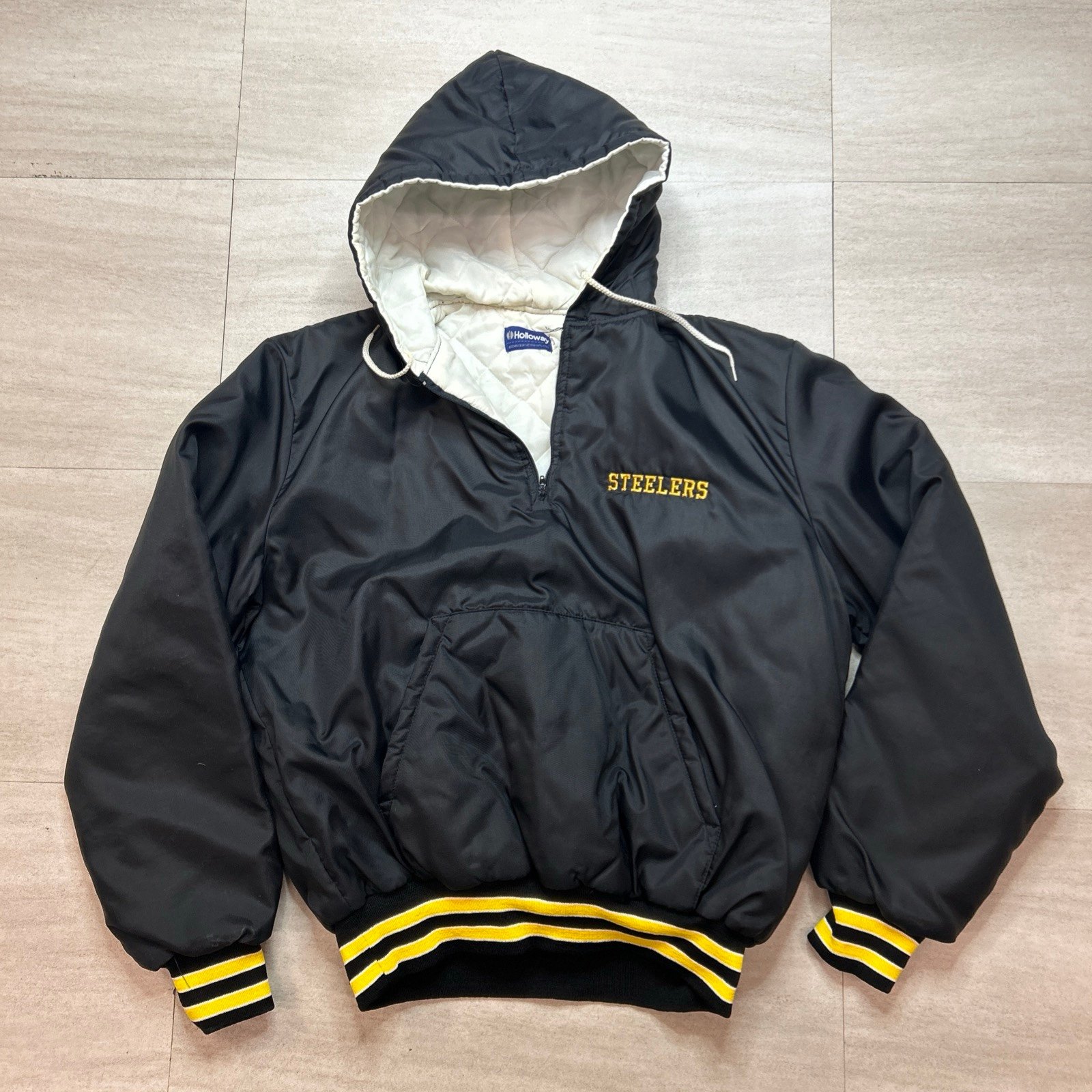 Vintage Holloway NFL Pittsburgh Steelers Large Varsity Jacket Coach Quilted Hood