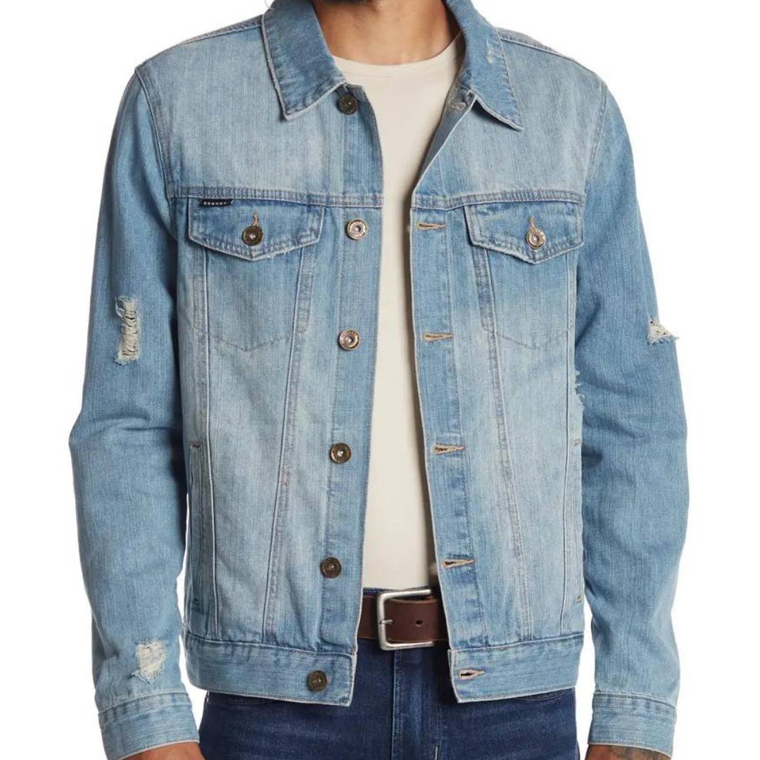 Mens Jean Jacket Denim Distressed Jacket Light Wash LG Denim Coat Button Front